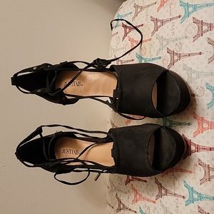 Black suede chunky lace up heels